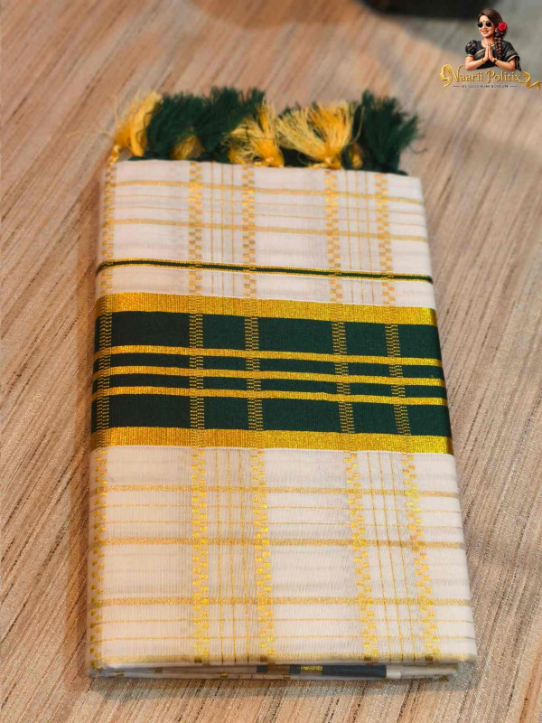 Checked Cotton Kasavu Saree - Green and Gold [SAREE0000116]