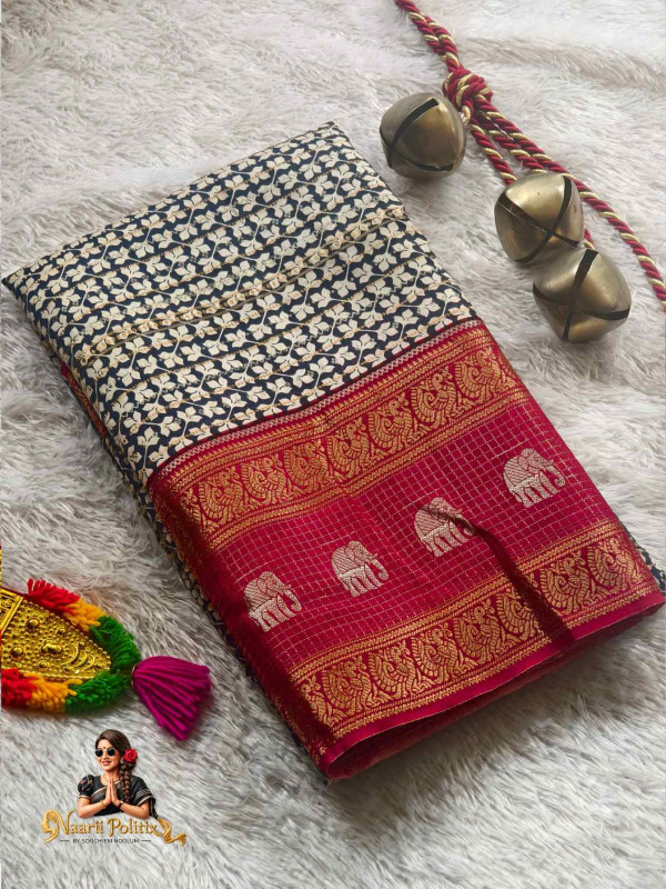 Checked Crepe Silk With Elephant Border Deep Navy Blue and Magenta with Gold [SAREE000046]