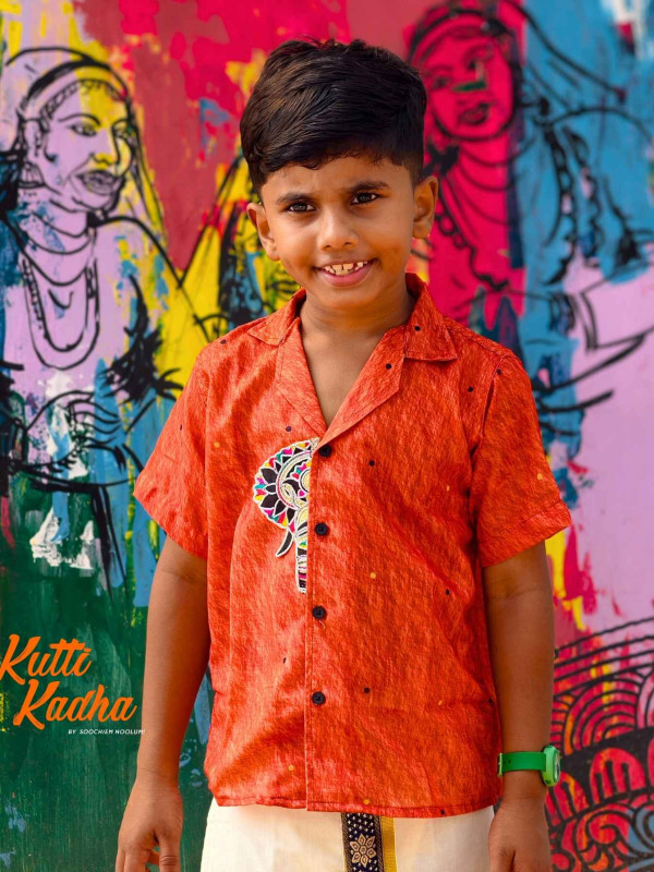 Elephant Embroidery Half patch Orange shirt For Kids [KSHIRT00031]