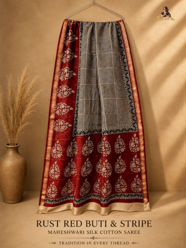 RUST RED BUTI & STRIPE MAHESHWARI SILK COTTON SAREE