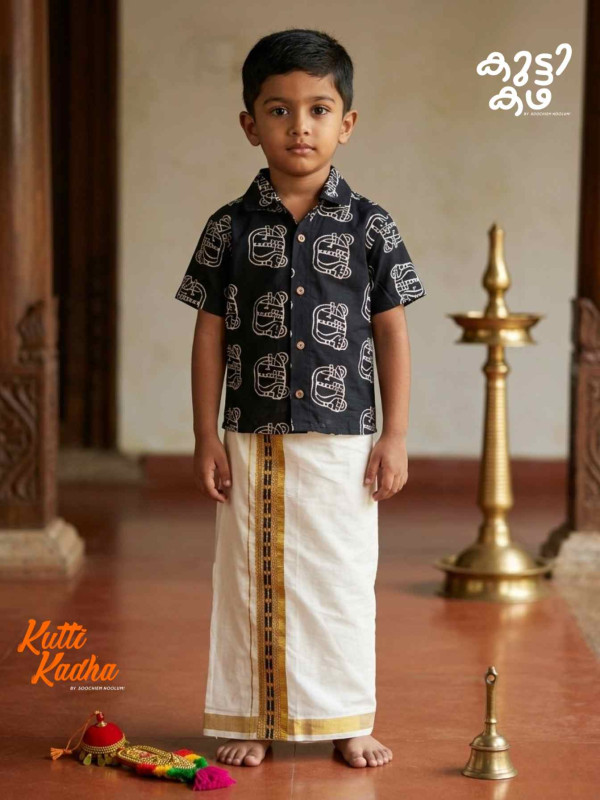 Hand Block Cotton Shirt+ Dhoti Combo For Kids[KCOMBO00029]