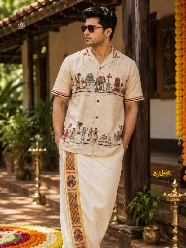 PRE BOOK ONLY SHIPPING AFTER 7 WORKING DAYS-ONAM SPECIAL PREMIUM DESIGNER SHIRT IVORY -  GOLDEN COTTON KASAVU DOUBLE DHOTI COMBO