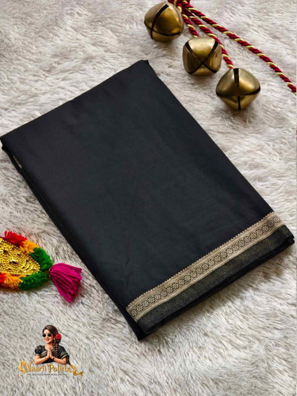 Semi Mysuru Crepe Silk saree with rudraksha border- Black [SAREE000070]