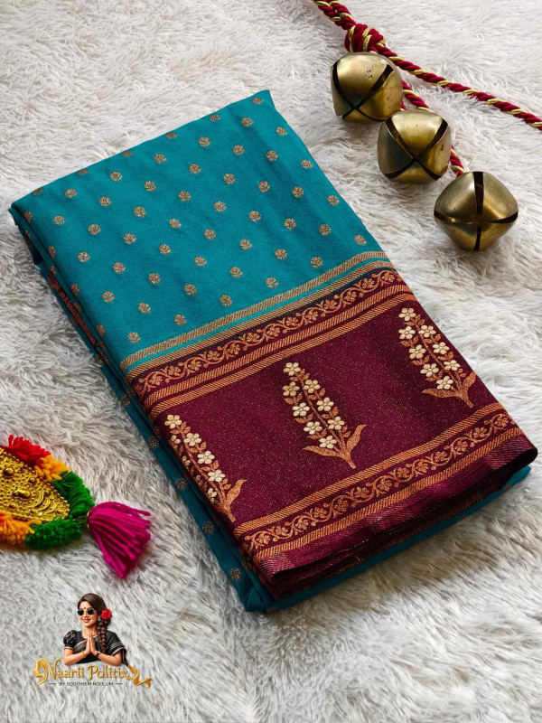Pure Banarasi Crepe Silk Teal Blue and Deep Maroon Antique Gold [SAREE000041]