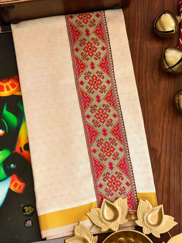 Multi Colour Embroidery Jacquard Gold Kasavu Tissue Premium Single Dhoti