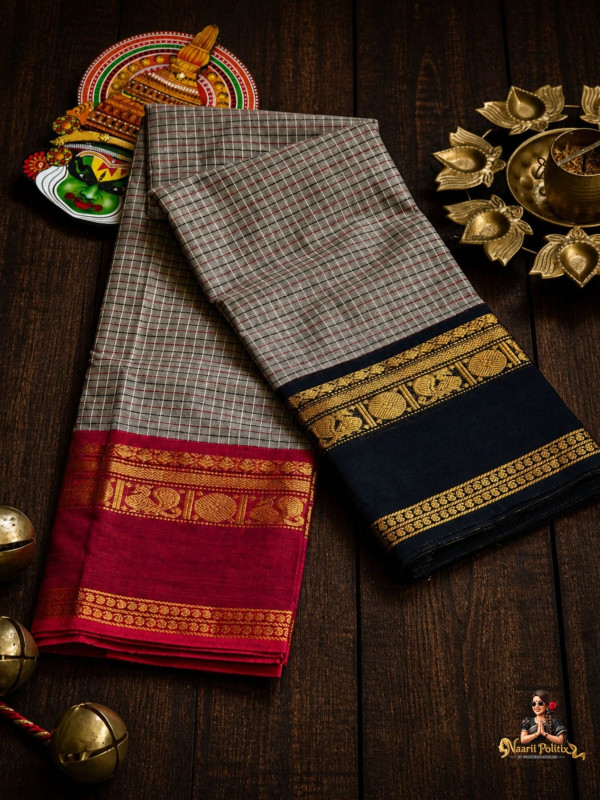 Ganga Jamuna Border Kanchi cotton saree - Grey with Red and Black [SAREE0000257]