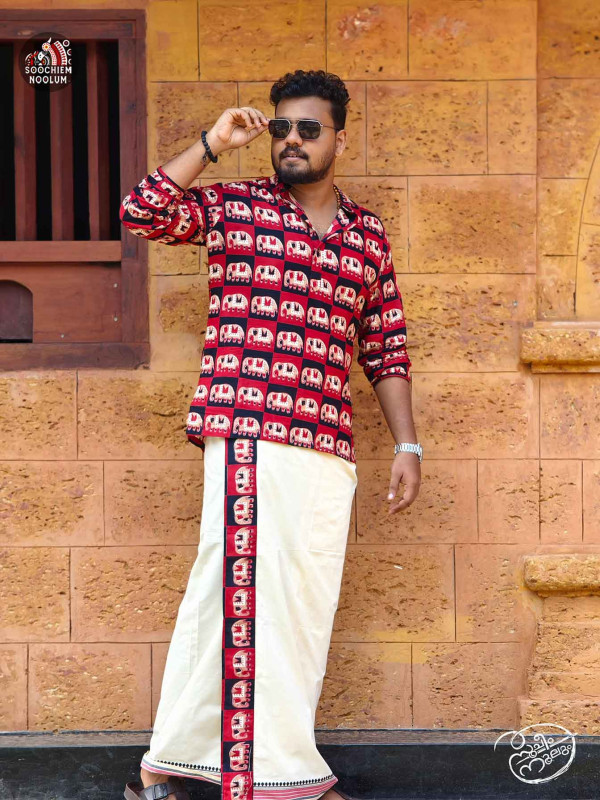 Red & Black Premium Designer Short Kurta + Single Cotton Dhothi Combo[KURTACOMBO00011]