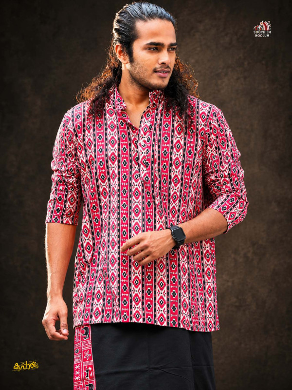 RED STRIPPED DESIGNER SHORT KURTA + BLACK PREMIUM SINGLE DHOTI [CLEARANCE SALE]