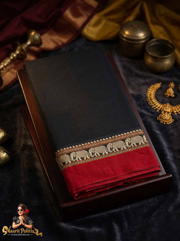 Elephant Border Narayanpet Pure Cotton Saree - Black [SAREE000098]