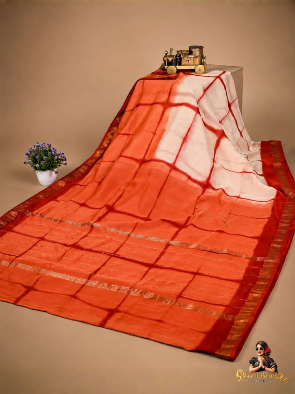 CLAMP TYE AND DYE PURE MAHESHWARI SILK COTTON SAREE HANDBLOCK PRINTED - ORANGE & IVORY WHITE