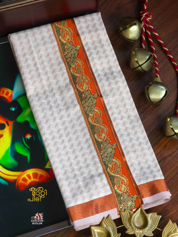 Tissue Copper Jacquard Kasavu Colour Full Embroidery Designer Premium Single Dhoti[SINGLE000157]