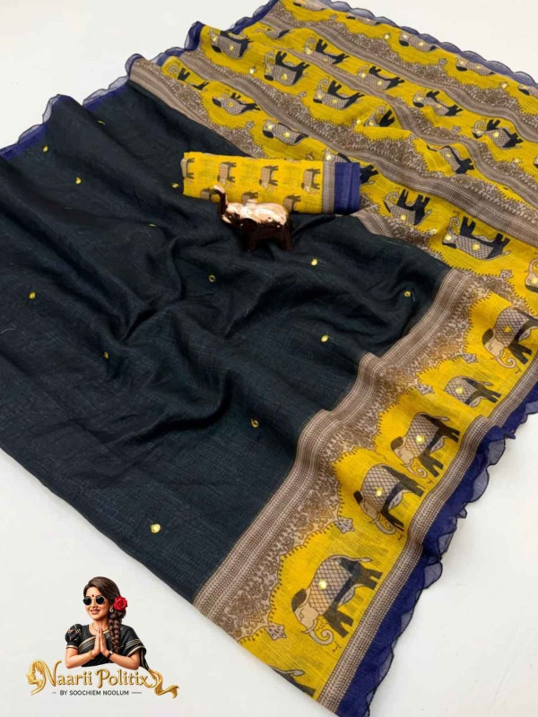 Fancy Linen Printed linen Saree - Black [SAREE0000166]