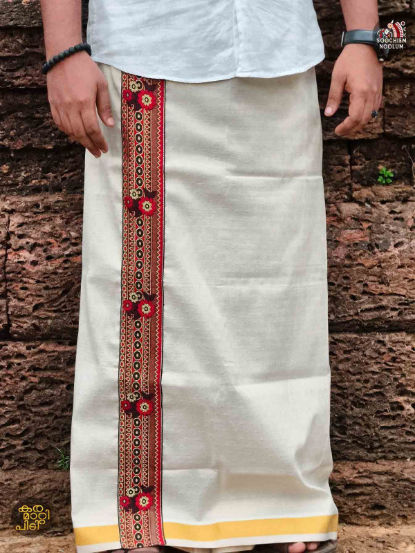 Multi Colour Embroidery Jacquard Gold Kasavu Tissue Premium Single Dhoti