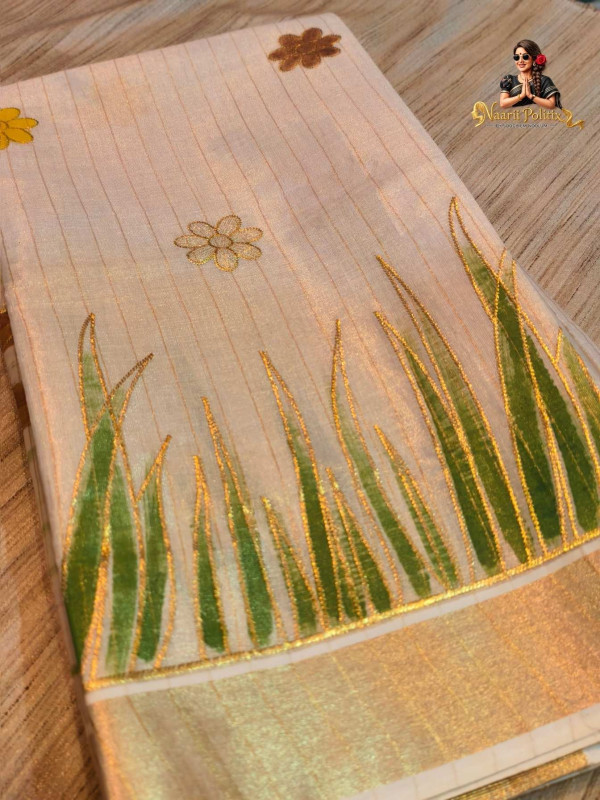 Hand painted Cotton  Kasavu  Saree with Embroidery Highlights [SAREE000095]