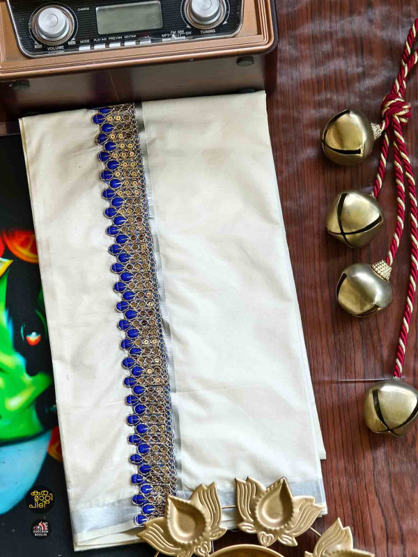 Multi Colour Embroidery Gold Kasavu Premium Double Dhoti