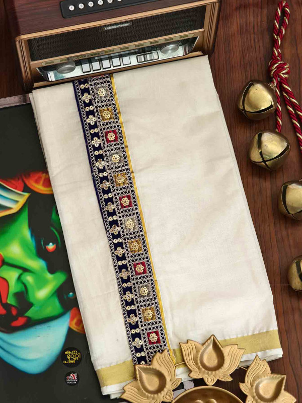 Multi Colour Embroidery Gold Kasavu Premium Double Dhoti