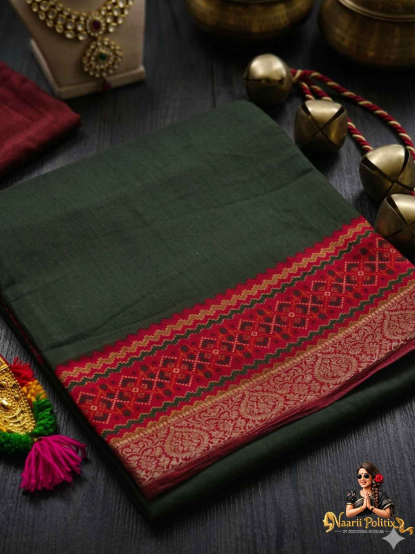Premium Soft Cotton - Bottle Green and Red [SAREE000059]