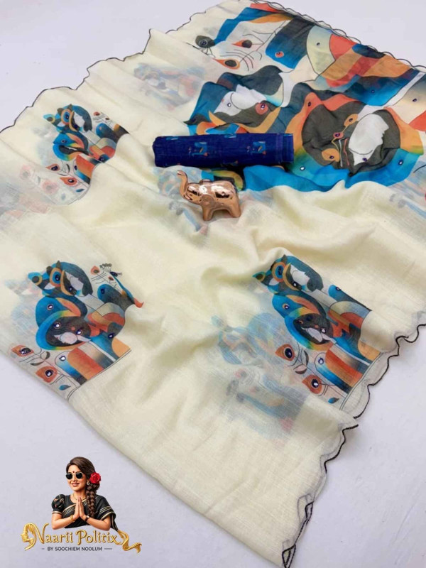 Fancy Linen Printed linen Saree -  Off White [SAREE0000170]