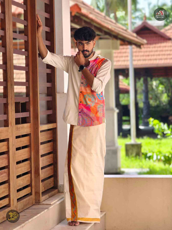 Off White Premium Designer Half Patch Shirt+ Single Kasavu Dhotie Combo[COMBO00061]