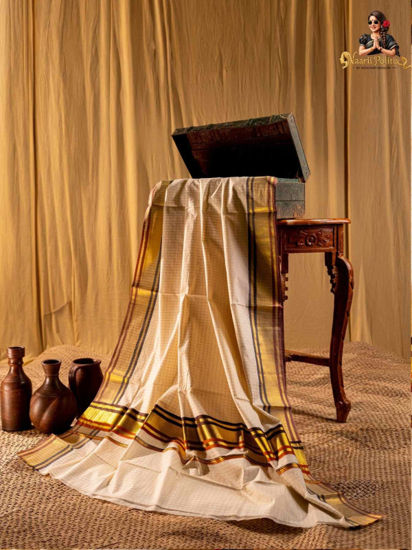 Small Arani Checks Cotton Kasavu Saree with Two Color Kara - Maroon and Dark Brown [SAREE0000112]