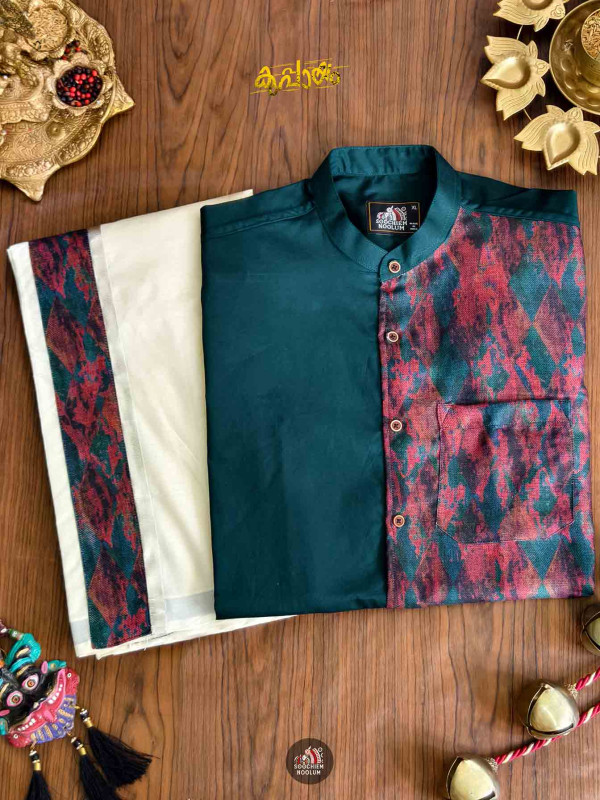 Bottle Green Premium Designer Half Patch Shirt+ Double kasavu Dhotie Combo[COMBO00075]