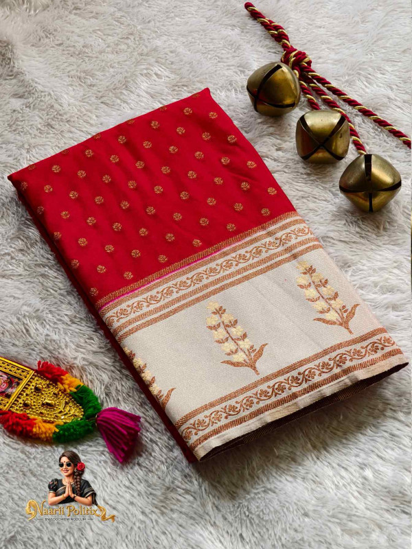 Pure Banarasi Crepe Silk Crimson Red and Cream [SAREE000042]