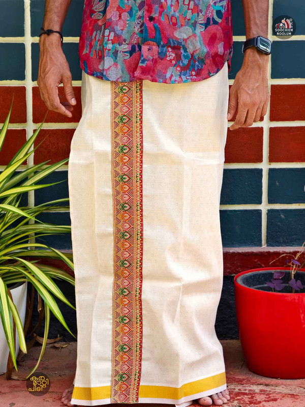 Multi Colour Embroidery Jacquard Gold Kasavu Tissue Premium Single Dhoti