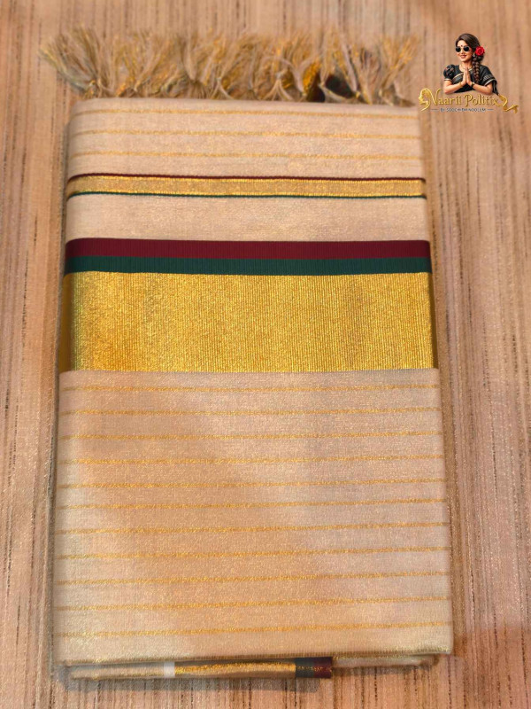 Striped Tissue Kasavu Saree 2 color Kara - Maroon and Green [SAREE000087]
