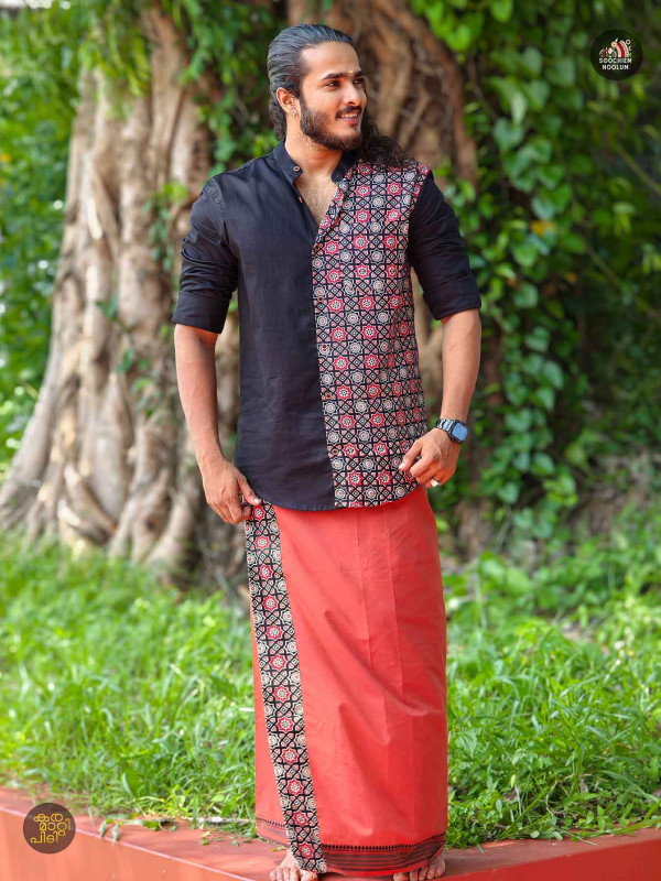 Black Premium Designer Half Patch Shirt+ Single Cotton Dhotie Combo[COMBO00055]