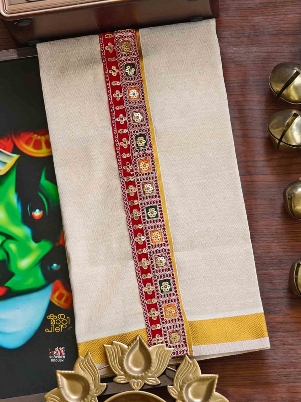 Multi Colour Embroidery Jacquard Gold Kasavu Tissue Premium Single Dhoti
