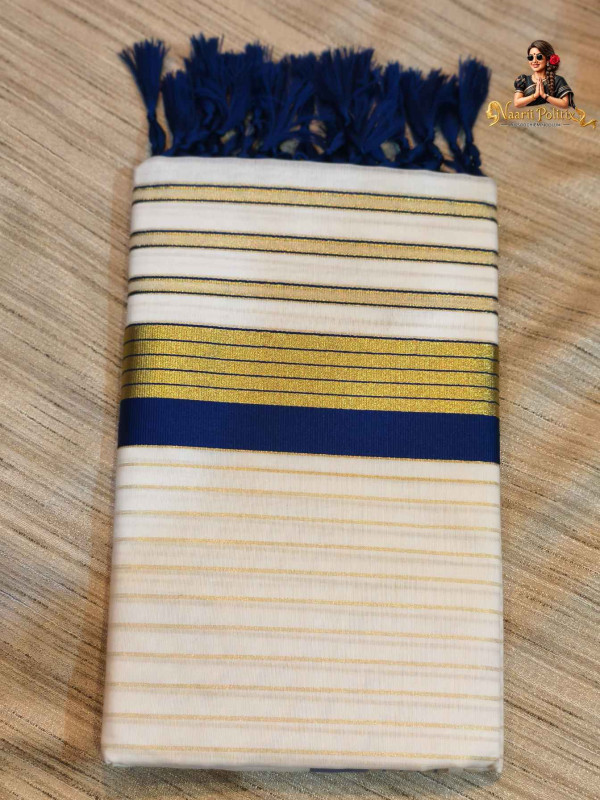 Cotton Striped Kerala Saree With Tassels Single Color Kara- Navy Blue and Gold [SAREE000077]