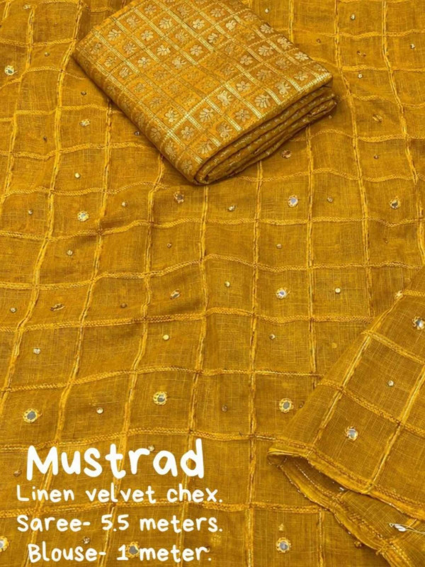 Soft Linen Saree With Weaving Chex Of Velvet Thread - mustard Yellow [SAREE0000185]