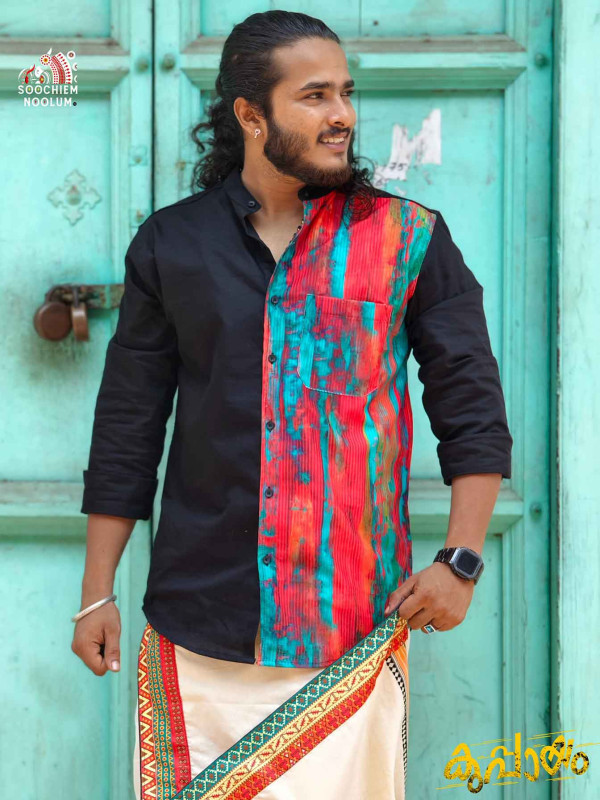 Black Premium Designer Patch Shirt+ Single Cotton Dhotie Combo[COMBO00048]