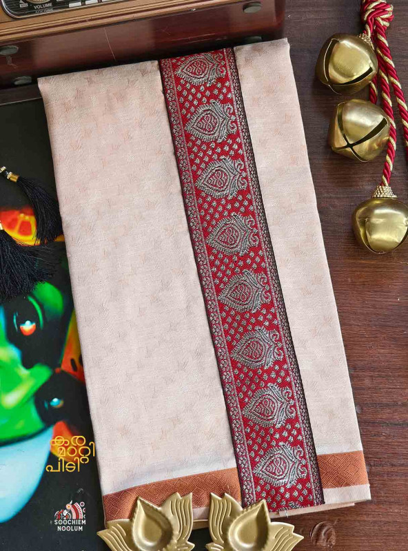 Multi Colour Embroidery Jacquard Copper Kasavu Tissue Premium Single Dhoti