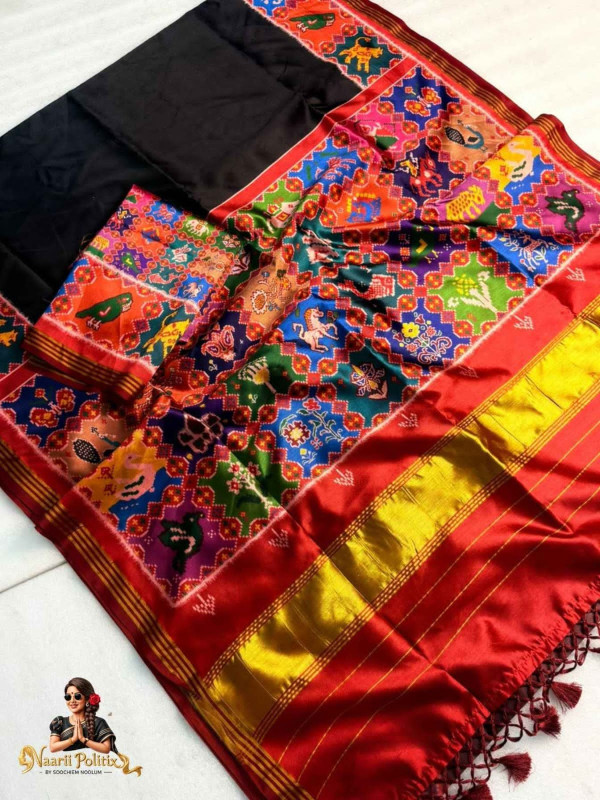 Handloom Silk Patola With Trending Designs & Lagadi Patta &Weaved Zari Border &Tassels - Black [SAREE0000190]