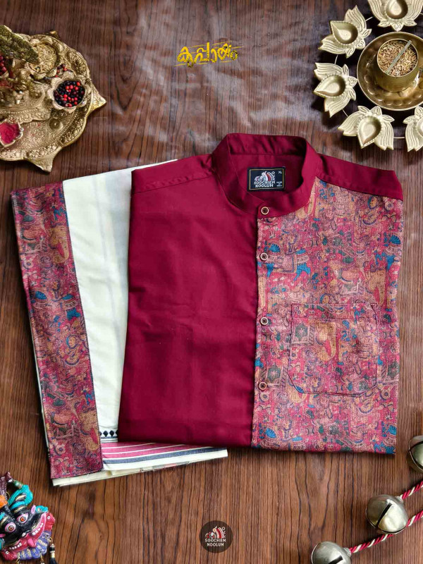 Redmaroon Premium Designer Half Patch Shirt+ Single Cotton Dhotie Combo[COMBO00085]