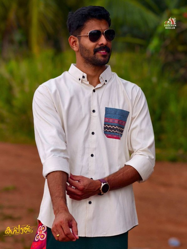 Off White Designer Pocket Patch Shirt +Single Cotton Dhoti Combo[COMBO00079]