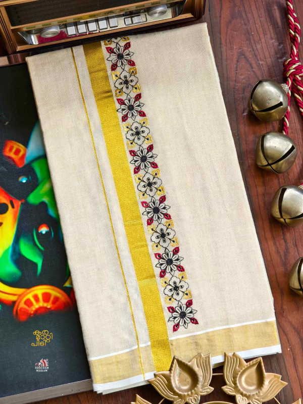 Golden Kasavu Embroidery Designer Premium Double Dhoti[DOUBLE000115]