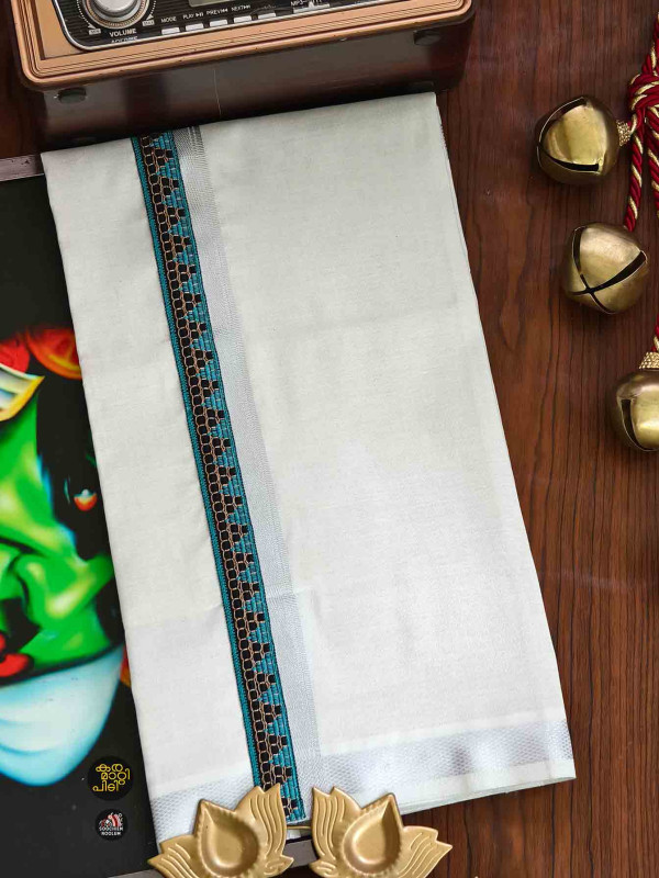 Multi Colour Embroidery Silver Kasavu Tissue