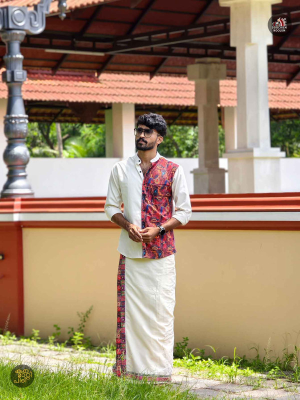 Off White Premium Designer Half Patch Shirt+ Single Cotton Dhotie Combo[COMBO00065]