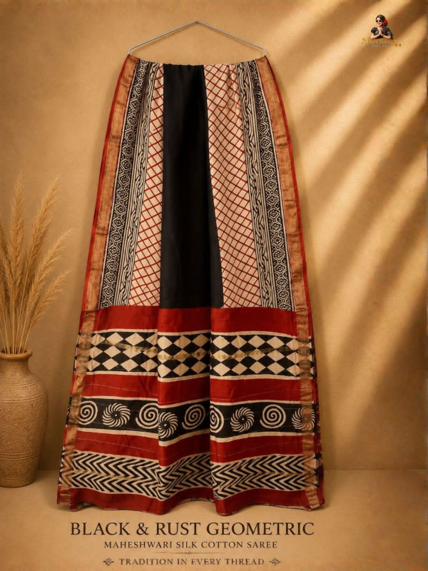 BLACK & RUST GEOMETRIC MAHESHWARI SILK COTTON SAREE