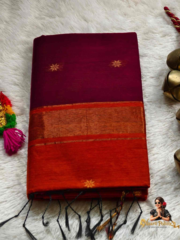 Maheswari Silk Cotton Saree - Maroon Body Orange Pallu [SAREE000012]