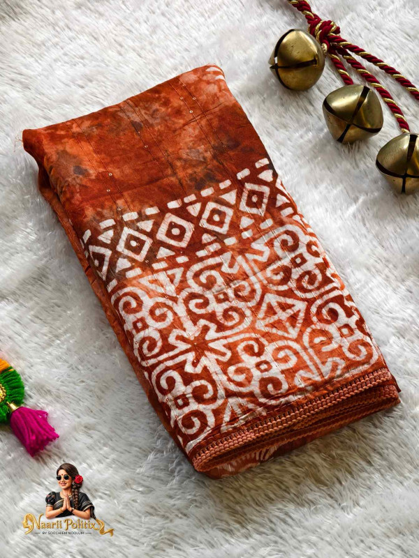 Tie and Dye look mul Cotton saree with Sequence -Orange [SAREE000066]