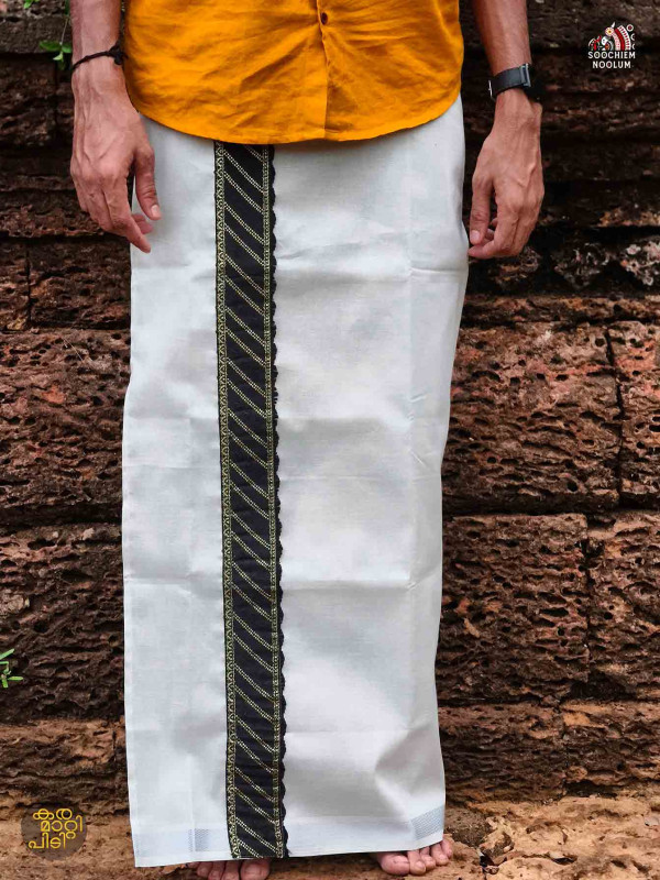 Multi Colour Embroidery Silver Kasavu Tissue Premium Single Dhoti
