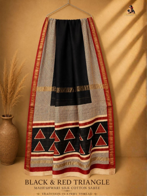 PUTAAI PURE MAHESHWARI SILK COTTON SAREE HANDBLOCK PRINTED - RED & BLACK