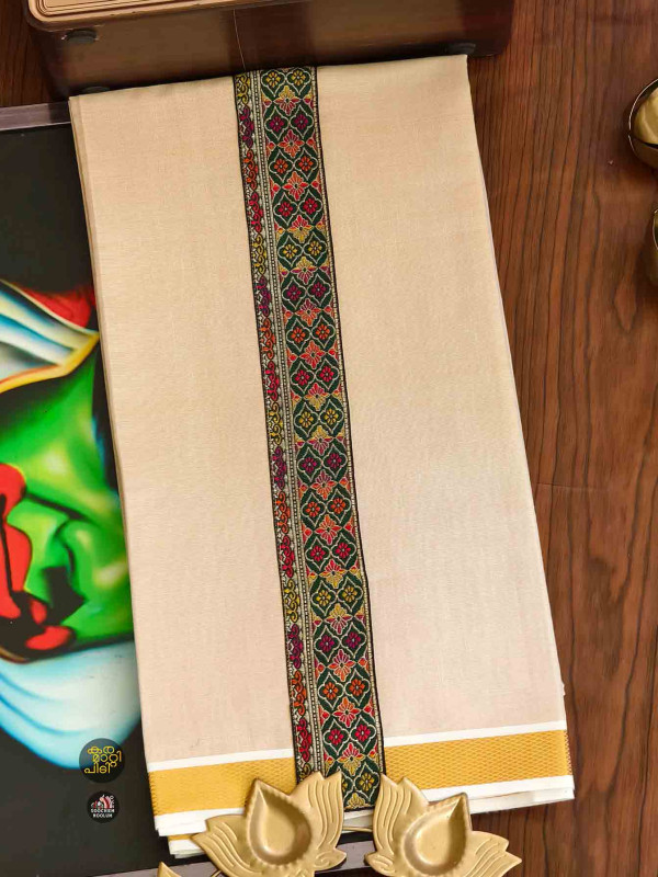 Multi Colour Embroidery  Gold Kasavu Tissue Premium Single Dhoti