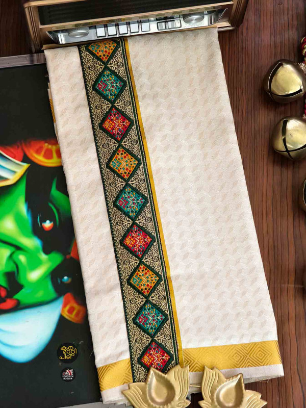 Multi Colour Embroidery Jacquard Gold Kasavu Tissue Premium Single Dhoti
