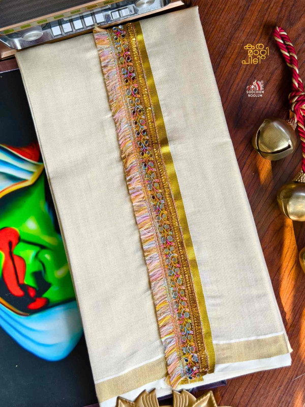 Golden Kasavu Embroidery Designer Premium Double Dhoti[DOUBLE00076]