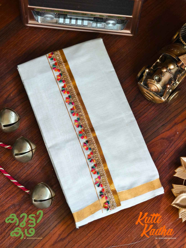 Golden Kasavu Multicolour Embroidery Designer Double Dhoti For Kids[KDHOTI00037]