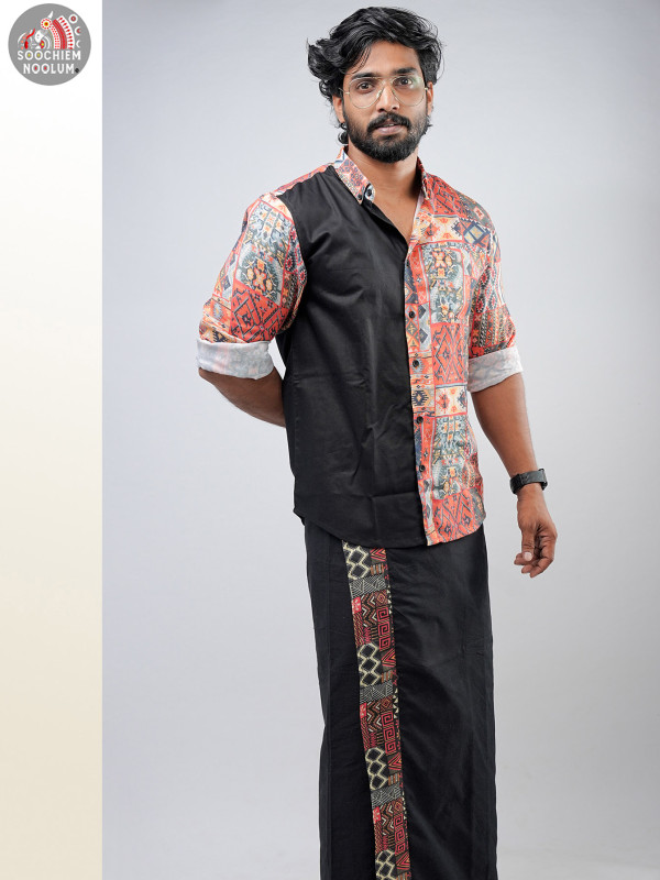 Black Premium Designer Half Patch Shirt + Single Dhothi Combo [COMBO000197]
